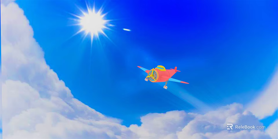 Red Airliner Flying in Blue Sky with White Clouds and Bright Sun 3d model 