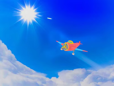 Red Airliner Flying in Blue Sky with White Clouds and Bright Sun 3d model