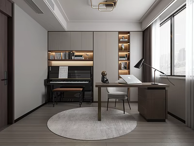 Modern Study Room Interior With Piano Desk Bookshelf Table Lamp And Round Rug 3d model