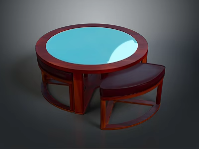 Wooden Frame Red Leather Cushion Single Chair With Round Glass Top Wooden Base Table 3d model