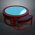 Wooden Frame Red Leather Cushion Single Chair With Round Glass Top Wooden Base Table