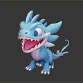 Cartoon Blue Dragon Toy Character with Open Mouth Sharp Teeth Winged Ears and White Claws