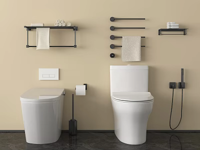 Modern Bathroom Interior With Two White Toilets Towel Racks And Wall Shelves 3d model