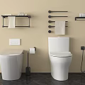 Modern Bathroom Interior With Two White Toilets Towel Racks And Wall Shelves