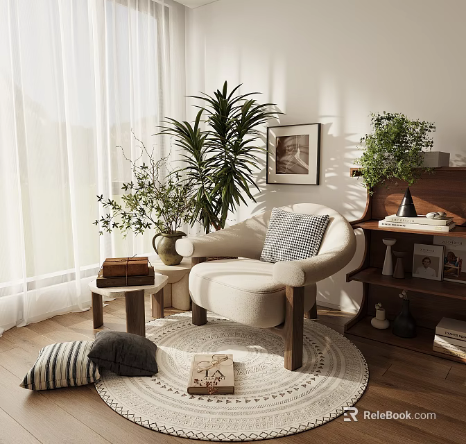 Cozy Lounge Chair with Striped Cushion on Round Rug and Potted Plants Near Bookshelf 3d model 