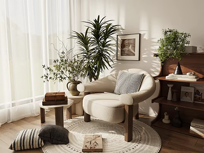 Cozy Lounge Chair with Striped Cushion on Round Rug and Potted Plants Near Bookshelf 3d model