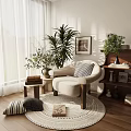 Cozy Lounge Chair with Striped Cushion on Round Rug and Potted Plants Near Bookshelf