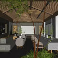 Modern Cafe Interior Design With Long Dining Table Green Pendant Lights And Large Windows