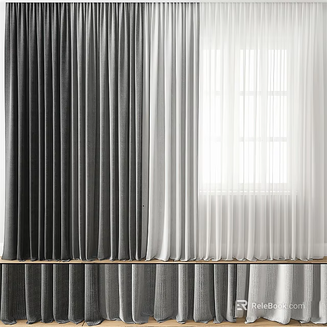 Gray And White Curtains With Thick Dark Panels And Light Sheer Layers By Window 3d model 