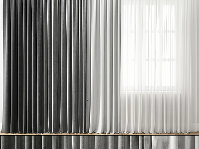 Gray And White Curtains With Thick Dark Panels And Light Sheer Layers By Window 3d model