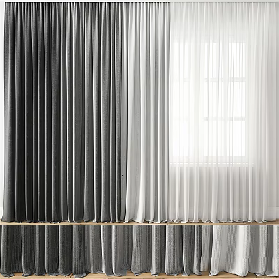 Gray And White Curtains With Thick Dark Panels And Light Sheer Layers By Window 3d model