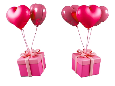 Pink Gift Box Decorative Ornament Set With Heart Shaped Balloons And Ribbon Bows 3d model
