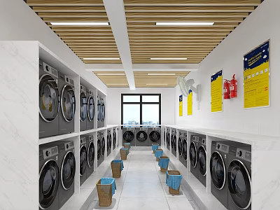 Clean Bright Laundry Room With Rows Of Washing Machines Dryers Windows And Posters 3d model