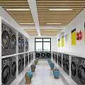 Clean Bright Laundry Room With Rows Of Washing Machines Dryers Windows And Posters