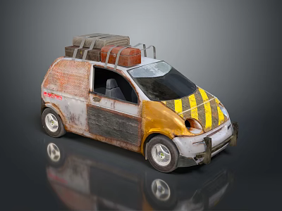Rusty Small Car With Yellow Black Stripes Roof Rack Luggage And Silver Wheels 3d model