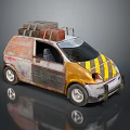 Rusty Small Car With Yellow Black Stripes Roof Rack Luggage And Silver Wheels