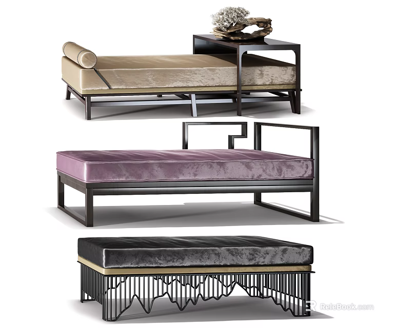 Different Designed Ottomans with Beige Purple Black Velvet Upholstery and Armrest Carved Base 3d model 