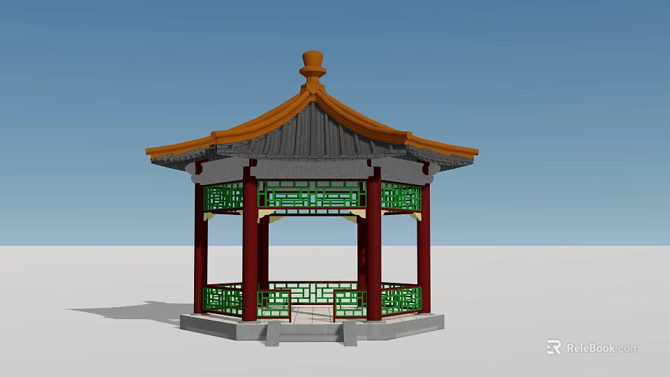 Ancient Chinese Pavilion with Yellow Roof Red Pillars and Green Lattice Windows 3d model 