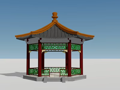 Ancient Chinese Pavilion with Yellow Roof Red Pillars and Green Lattice Windows 3d model