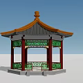 Ancient Chinese Pavilion with Yellow Roof Red Pillars and Green Lattice Windows