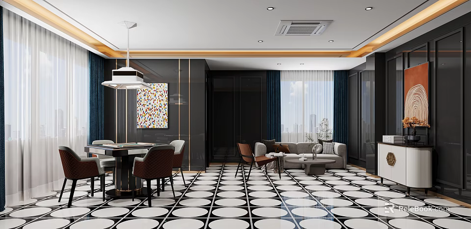 Elegant Hotel Mahjong Room Interior With Checkered Floor Modern Lighting And Comfortable Chairs 3d model 