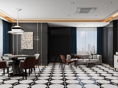 Elegant Hotel Mahjong Room Interior With Checkered Floor Modern Lighting And Comfortable Chairs 3d model