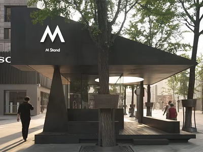 Modern M Stand Architectural Space With Black Roof Trees And Outdoor Bench Pedestrians 3d model