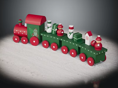 Christmas Wooden Train Decorations With Snowman Figures And Red Green Wheels 3d model