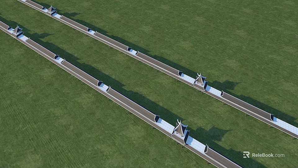 Two Parallel Landscape Bridges With Pavilion Tops And White Railings On Green Grass 3d model 