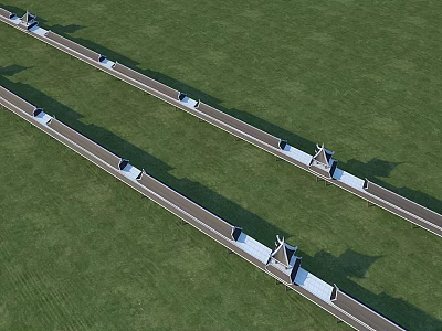 Two Parallel Landscape Bridges With Pavilion Tops And White Railings On Green Grass 3d model