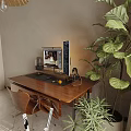 Modern Study Room With Wooden Desk Chair Computer Monitor Large Green Plant Sofa And Blanket