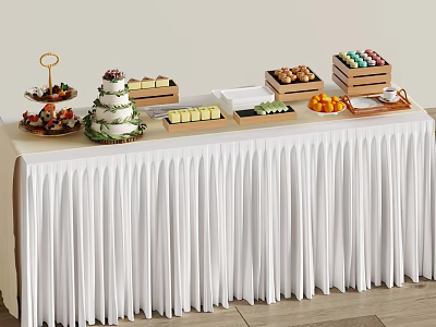 Assorted Buffet Table With Fresh Fruits Cake Pastries Vegetable Sticks And Wooden Trays 3d model