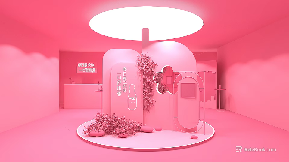 Pink Themed Women's Day Exhibition Space With Round Platform And Floral Decor 3d model 