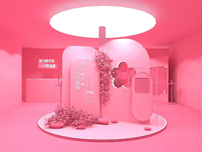 Pink Themed Women's Day Exhibition Space With Round Platform And Floral Decor 3d model