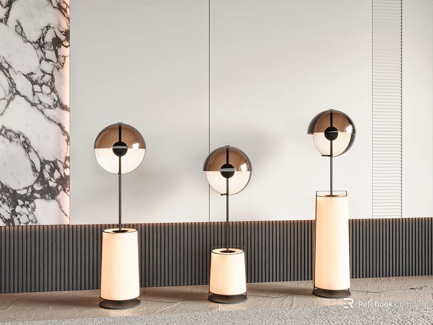 Three Modern Floor Lamps In Minimalist Interior With Marble Wall 3d model 