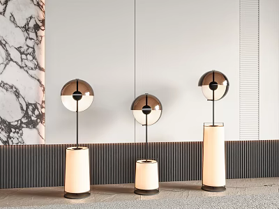 Three Modern Floor Lamps In Minimalist Interior With Marble Wall 3d model
