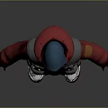 A Man wearing red hoodie gray vest brown pants white shoes blue hat red mask