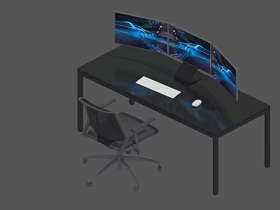 Modern Office Desk with Three Curved Monitors Keyboard and Mouse and Ergonomic Office Chair Setup 3d model