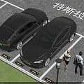 Two Black Tesla Sedans Parked in Parking Lot with Two People Walking Nearby