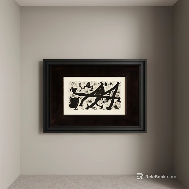Abstract Painting In Dark Frame With Black White Artwork Hanging On Wall 3d model 