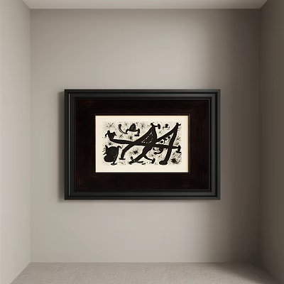 Abstract Painting In Dark Frame With Black White Artwork Hanging On Wall 3d model