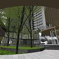 Modern Sales Office Building Featuring Glass Curtain Walls Green Plants And High Rise Residential Background