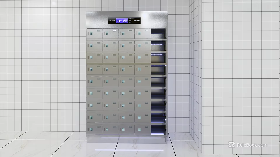 Modern Cafeteria Smart Storage Lockers With Silver Metal Compartments Digital Display And White Tiled Walls 3d model 