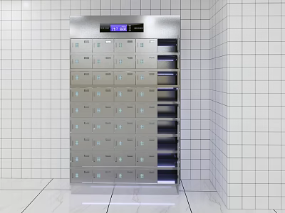 Modern Cafeteria Smart Storage Lockers With Silver Metal Compartments Digital Display And White Tiled Walls 3d model