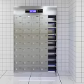 Modern Cafeteria Smart Storage Lockers With Silver Metal Compartments Digital Display And White Tiled Walls