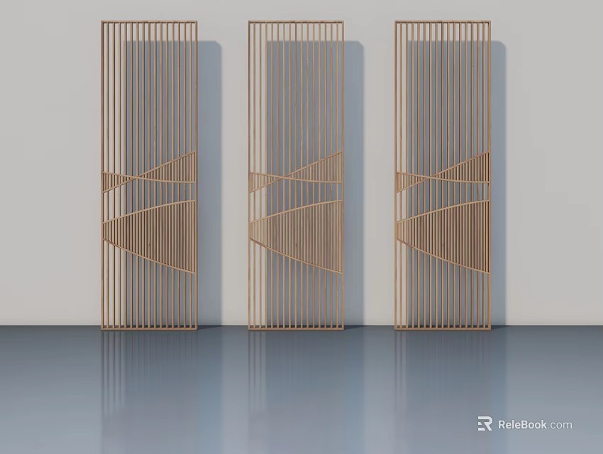 Three Wooden Hinged Doors With Geometric Patterns Against Light Colored Wall On Smooth Floor 3d model 