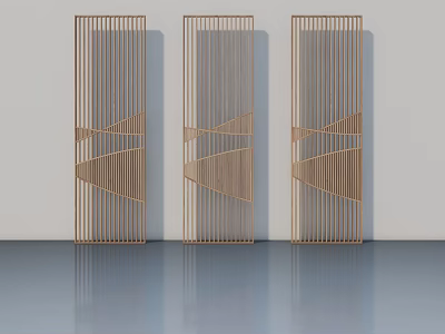Three Wooden Hinged Doors With Geometric Patterns Against Light Colored Wall On Smooth Floor 3d model