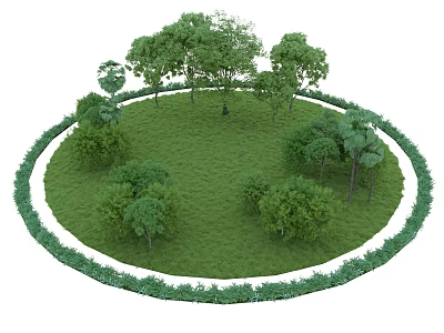 Arbor Trees In Circular Lawn With Lush Green Grass And Surrounding Shrubs 3d model