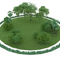 Arbor Trees In Circular Lawn With Lush Green Grass And Surrounding Shrubs