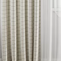 Teal Two Tone Curtains With Gold Trim Checkered Bottom Panels And Sheer Window Interior